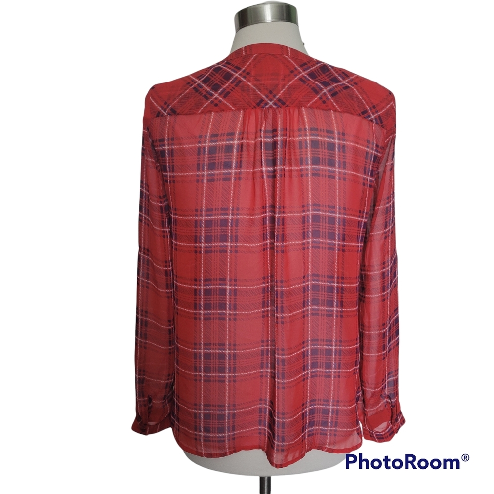 SKIES ARE BLUE RED PLAID SHEER TOP - S - Picture 3 of 7